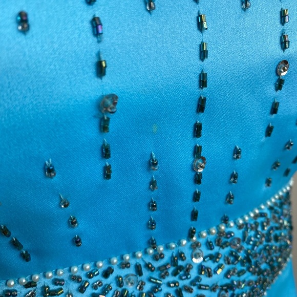 Vintage Y2K Cache Satin Beaded Strapless Long Blue Lace Up Back Dress Size 5/6 - Picture 10 of 12